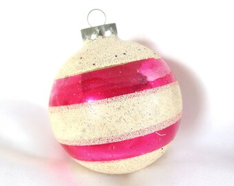 Vintage Christmas Ornament - Large White Mica and Hot Pink Striped USA Christmas Ornament