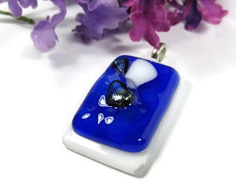 Blue White Dichroic Pendant Handmade Fused Glass, Silver