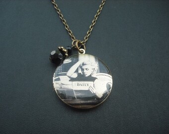SALE - Marilyn Monroe Reading Newspaper locket necklace - Monochromatic