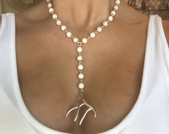 SALE! Creme howlite rosary chain necklace with a silver deer antler charm