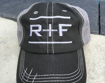 Rodan and Fields, hat, R+F, cap, trucker hat, womens hat, mesh hat,, mesh, black, distressed