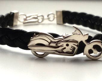 Silver and leather motorcycle bracelet, Personalized Moto, gift for biker