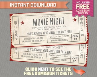 Movie Night Invitation with FREE Admission Tickets! Movie Night Party - Movie Night Birthday - Movie Ticket - Editable PDF file