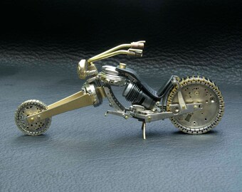 SOLD Custom Orders Only Chopper III -- Desk Sculpture- "Fat Boy" Motorcycle made from watch parts and other found objects.