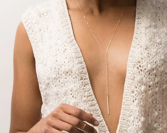 Ultra Dainty Bar Drop Necklace / Delicate Bar Lariat Necklace Y Necklace / Sterling Silver, 14K Gold Fill, or Rose Gold Fill, LN120_40_Y