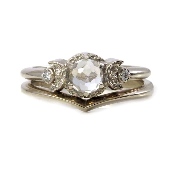 White Topaz and White Diamond Moon Ring with Chevron Nesting Wedding Band - White Gold