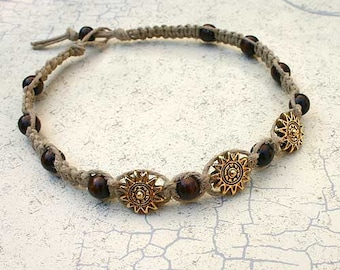 Surfer Thick Hemp Necklace With Sun Pewter Wood Beads Choker