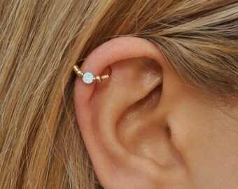 Withe Opal Cartilage Earring - Gold Cartilage Hoop - Cartilage Piercing - Hex Piercing - 20-22 Gauge - 8-12mm Inner Diameter