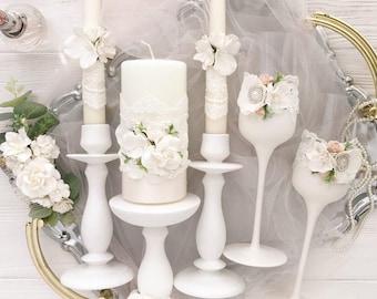 Unity candle set for wedding with stand Unity candle set ivory Unity candle set and stand Lace wedding decor flower wedding centerpiece 3pcs