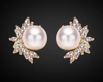PAIR ROSE GOLD Leaf Floral Pearl Crystal Bridal Wedding Tunnels Gauges Plugs Earrings 0g 00g 7/16" 1/2" 9/16" 5/8" 11/16" 8mm 9mm 11mm 12mm