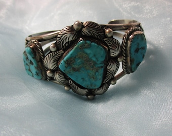 Vintage Three Turquoise Stones and Silver Feathers Design Native American Indian Cuff Bracelet