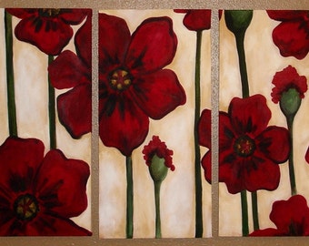 Red Poppy Triptych Commission by Kristen Dougherty