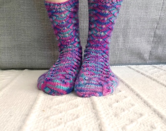 Hand knit women's colorful socks