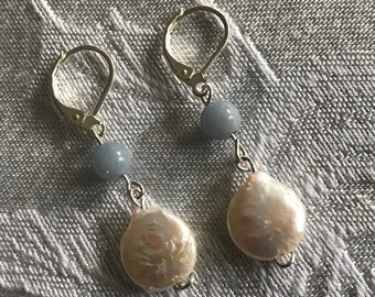Coin Pearl, Angelite and Sterling Silver Earrings