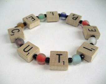 Mini Scrabble Tile Bracelet that Spells Cutie Pie, with Multicolor Glass Beads