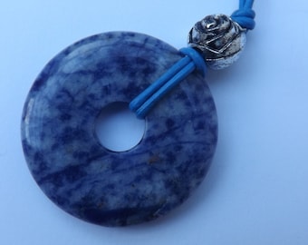Sodalite pendant, mottled pendant, summer necklace, semi-precious donut pendant, ring pendant, leather pendant, blue donut pendant