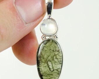 Moldavite and Moonstone Pendant (Sterling Silver, #9463)