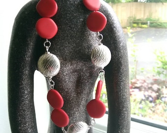 Red ceramic and silver beaded necklace