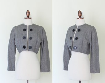 vintage 1950s houndstooth bolero jacket / 50s Valerie De Galan black and white print cropped jacket / S