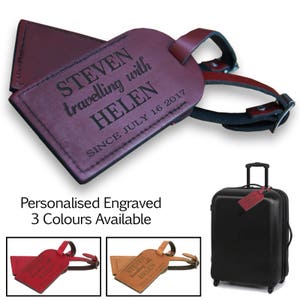 A Pair of Personalised, Laser Engraved, Genuine Tan Leather Luggage Tags - On Holiday "Travelling With" - L1009