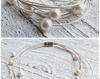 Set Lederarmband Lederkette #83,Süßwasserperlen,Armband Kette Frauen,Leder und Perlen,weiß,Wickelarmband,handgefertigt,Schmuck Hochzeit