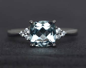 aquamarine ring cushion cut engagement ring blue gemstone rings sterling silver ring anniversary ring March birthstone ring