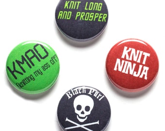 Knitter Theme Buttons, 1 inch pin back, Knit Ninja, Set of 4