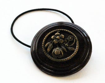 Decorative Hair Accessory, Dark Brown Vintage Plastic Button Restyled as Elastic Ponytail Holder, Pretty Flower Design