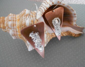 Mixed metal copper/sterling silver triangle dangle earrings