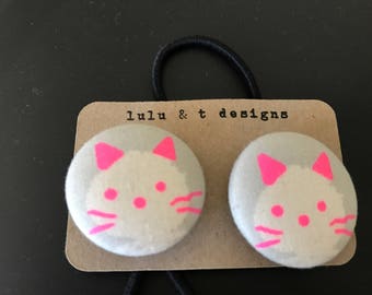 Cat hair ties, Cat fabric covered button hair tie pair