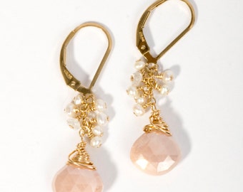 Wire Wrapped Earrings, Cluster Earrings, Gemstone Earrings, Stone Earrings, Long Skinny Earrings, Moonstone, Moonstone Earrings, Pink Stone