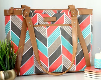 Chevron Laptop Bag in Coral and Turquoise Chevron - Laptop Bag, Laptop Tote, Canvas and Vegan Leather