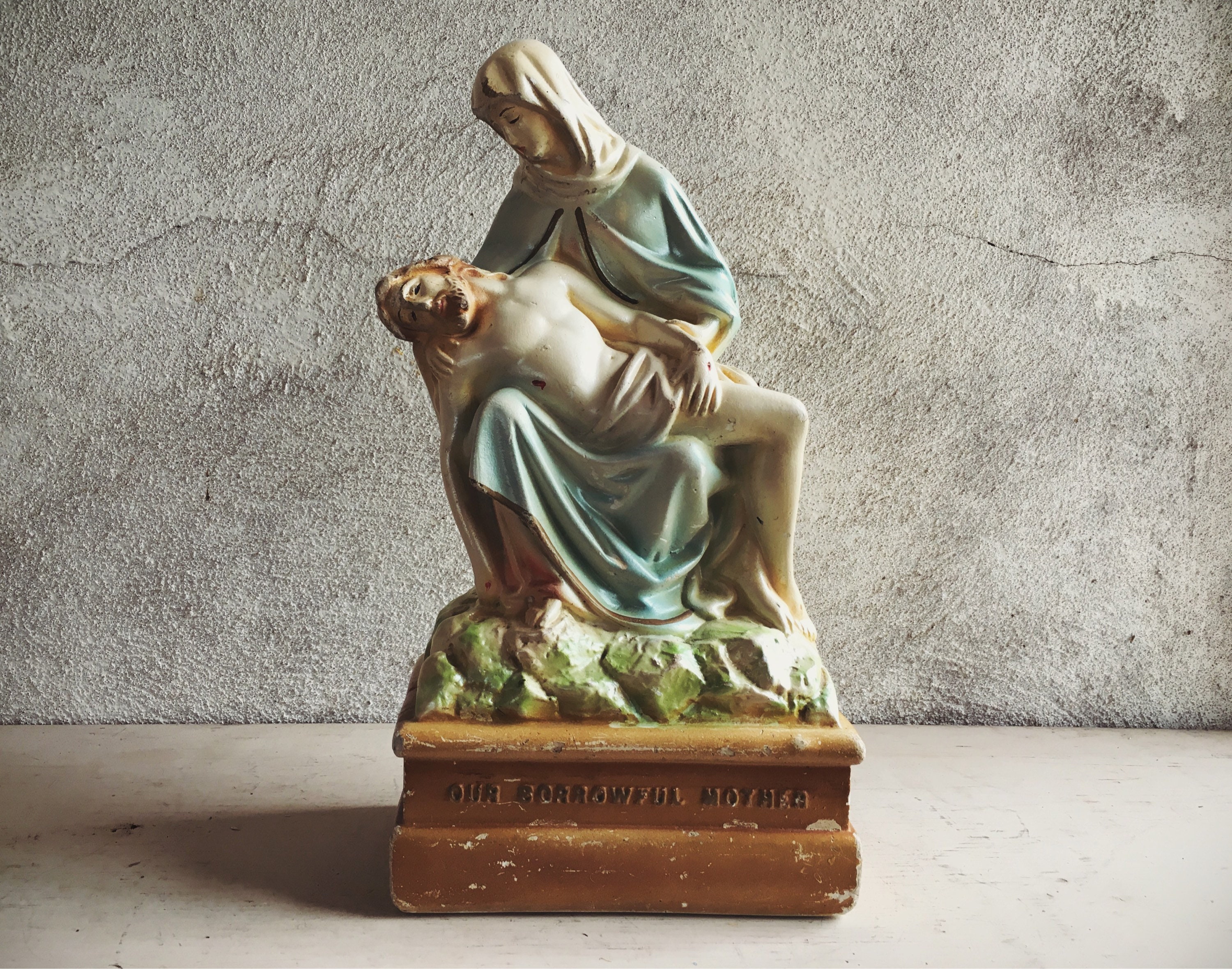 Vintage Catholic Statues of Mary and Jesus after Crucifixion, Chalkware
