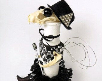 Assemblage Art Doll "Viola" Bonehead Assemblage Art Doll, Black and White Doll, Mink Bones