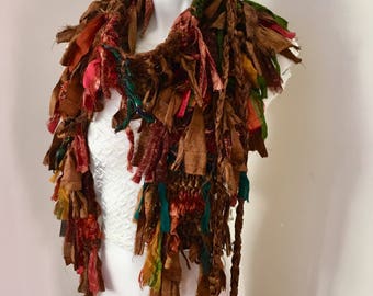 sale Silk scarf, Recycled silk scarf, hand knitted scarf, boho scarf, tattered rag scarf