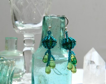 Beaded bead drop earrings - olive and teal