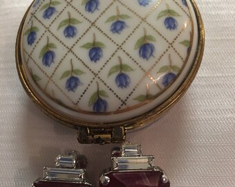 Del Prado Trinket Boxes, Pill box hand painted Porcelain - B .E Cook London clip on earrings clear rhinestones