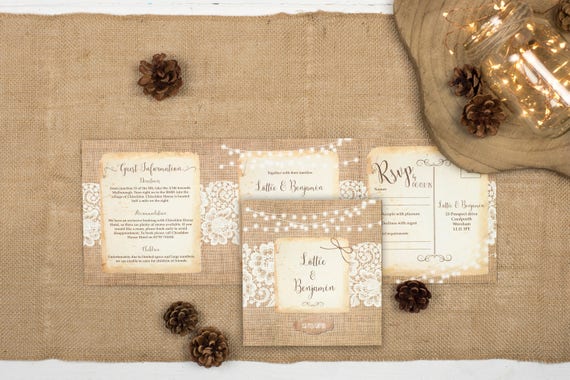 Rustic Lace Wedding Invitation - Double-Folded Burlap And Lace (landscape)