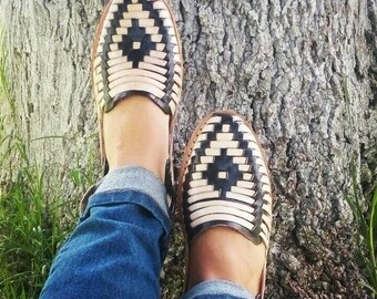Black and White - Aztec Designs - Mexican Leather Huaraches - For Her