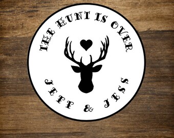 Wedding favor labels, personalized stickers, 2" round stickers, set of 20, Matte white or Kraft brown, The Hunt is Over, deer, hunting