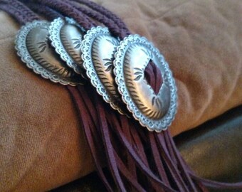 Purple Long Concho Braided Leather Necklace, Long Leather Necklace, Purple Concho Necklace, Western Leather Tassel by RiverbendmeadowBling