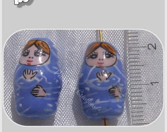 2 Russian dolls beads MATRYOSHKA BABUSHKA ceramic blue 20 mm * P46