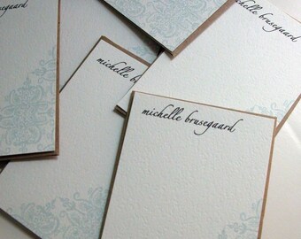 Set of 10 personalized flat notes-Aqua Brocade