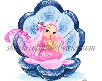 Pastel Morning Mermies in Shell/ Sleepy Mermie Mini fine Art Print