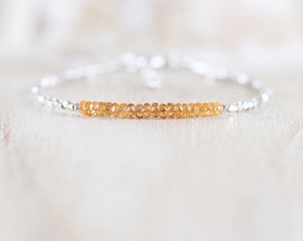 Mandarin Orange Garnet, Sterling & Karen Hill Tribe Silver Bracelet. Dainty Beaded Stacking Bracelet. Delicate Gemstone Layering Jewelry