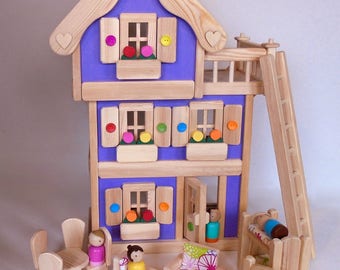 Wooden Peg Doll House, Wood Toy Dollhouse Furniture, Handmade Waldorf Kids Birthday gift, Jacobs Wooden Toys "LAVENDER DREAM"