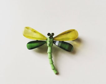 1940s vintage old crystal glass dragonfly brooch pin