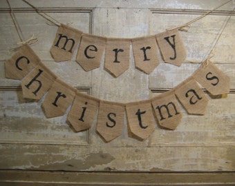 Ready to Ship, Merry Christmas Banner, Christmas Bunting, Christmas Decor, Holiday Decor, Burlap Bunting, Burlap Garland, Rustic Christmas