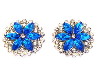 Capri blue rhinestone slider beads, bright blue large sparkly 2 hole beads, blue marquis stones, qty 2