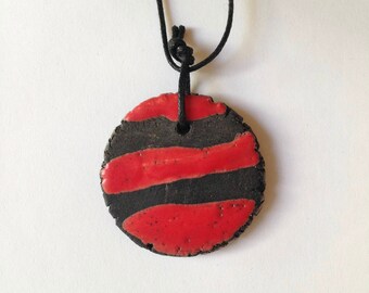 Raku ceramic necklace, raku necklace, ceramic necklace, red necklace, red pendant, raku pendant, red and black necklace
